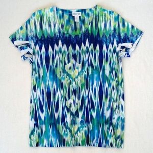 Chico's Women’s Blue Tie Dye Embellished Colorful Patterned Short Sleeve Top M